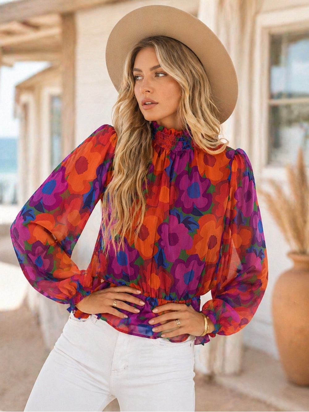 Peach Love Women’s Large Retro Floral Purple and Orange Long Sleeve Blouse